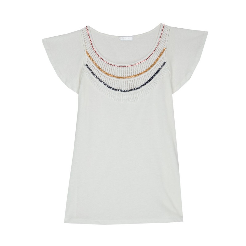 T-shirt en viscose et lin encolure macramé modèle "Egali" marque Diane Laury