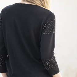 Pull noir manche 3/4 strass