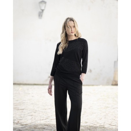 Pull noir manche 3/4 strass
